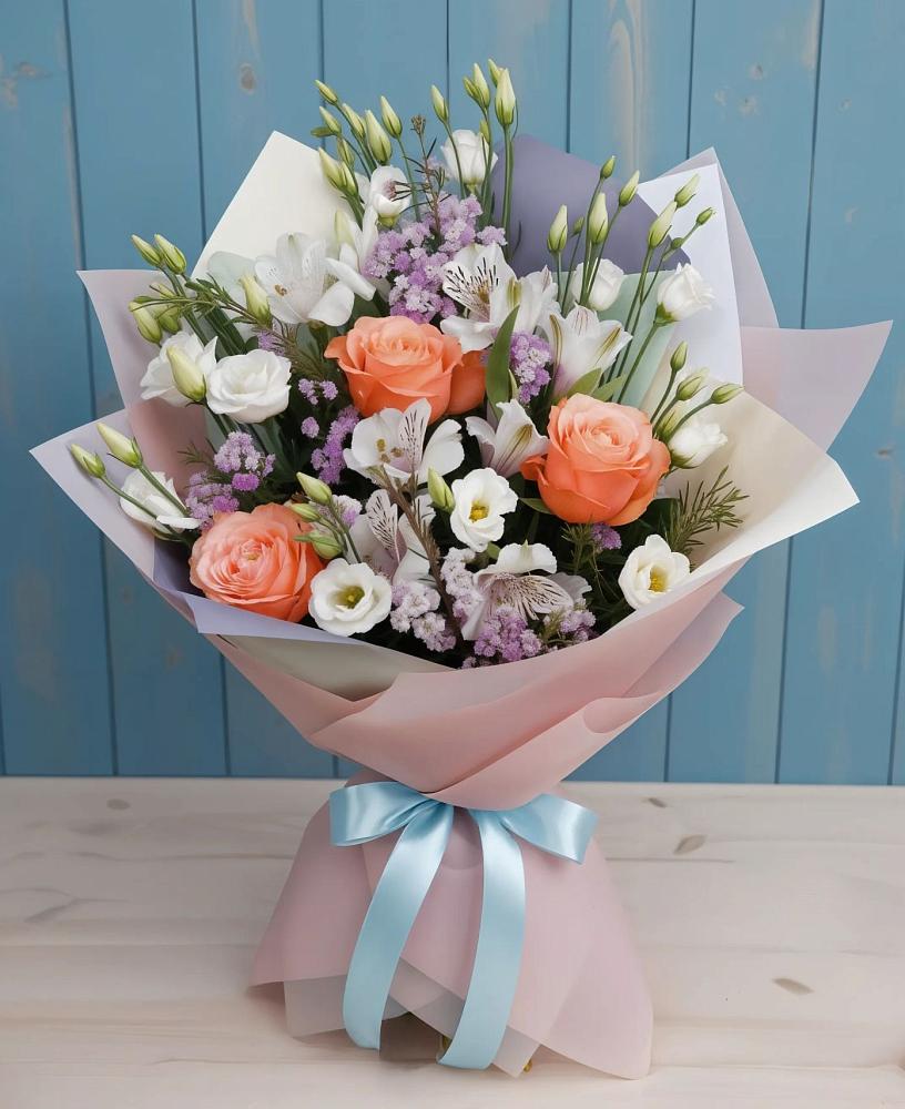 Букет цветов из: Лизиантусы, Розы, Альстромерии и Гипсофила в Койгородке